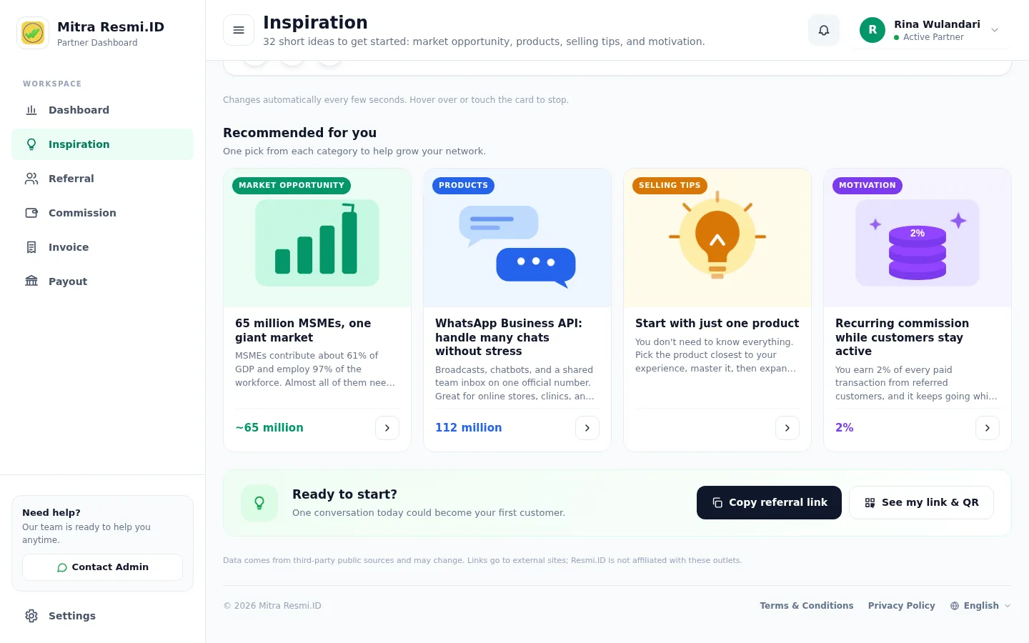 Screenshot of Inspiration — Recommendations