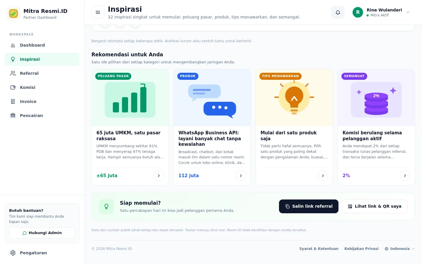 Tangkapan layar halaman Inspirasi — Rekomendasi