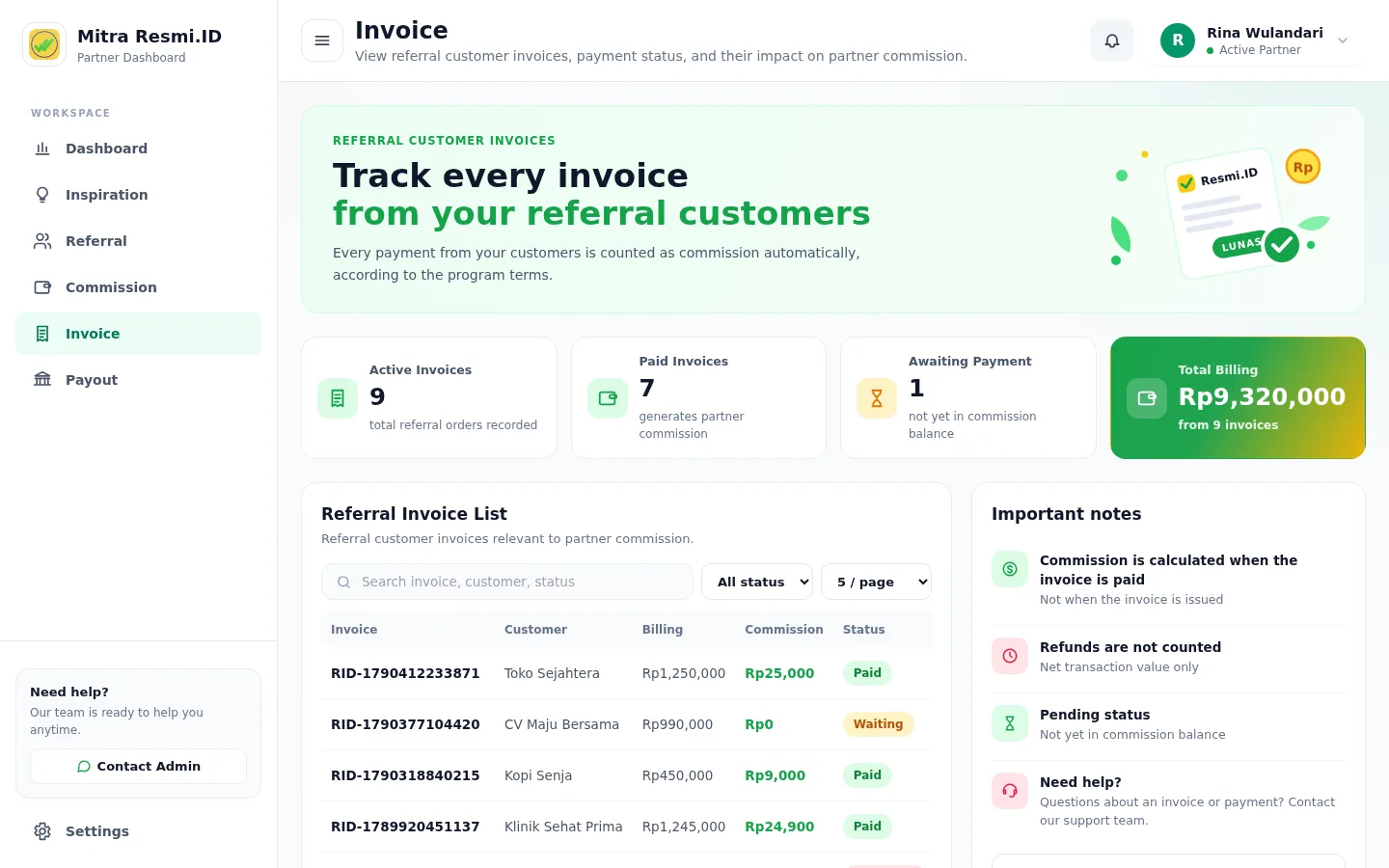Screenshot of Invoices