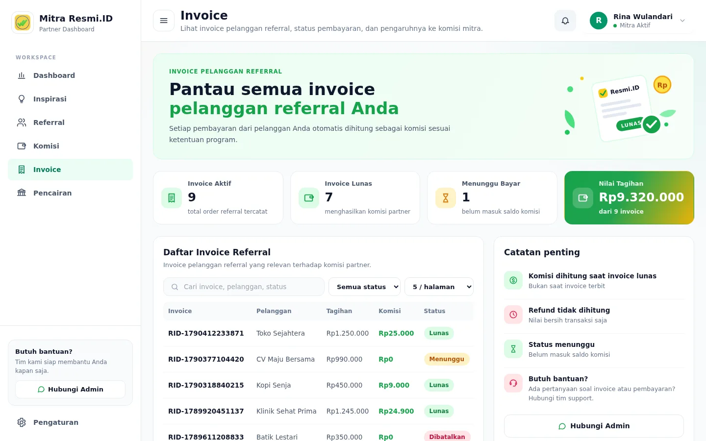 Tangkapan layar halaman Invoice