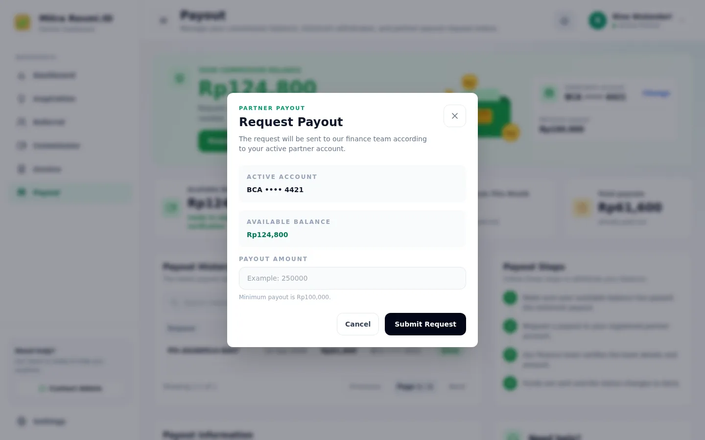Screenshot of Payout — Request a payout