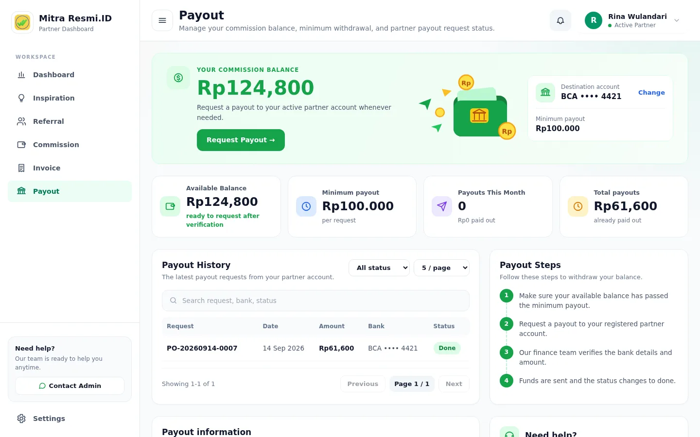 Screenshot of Payout — Balance & history