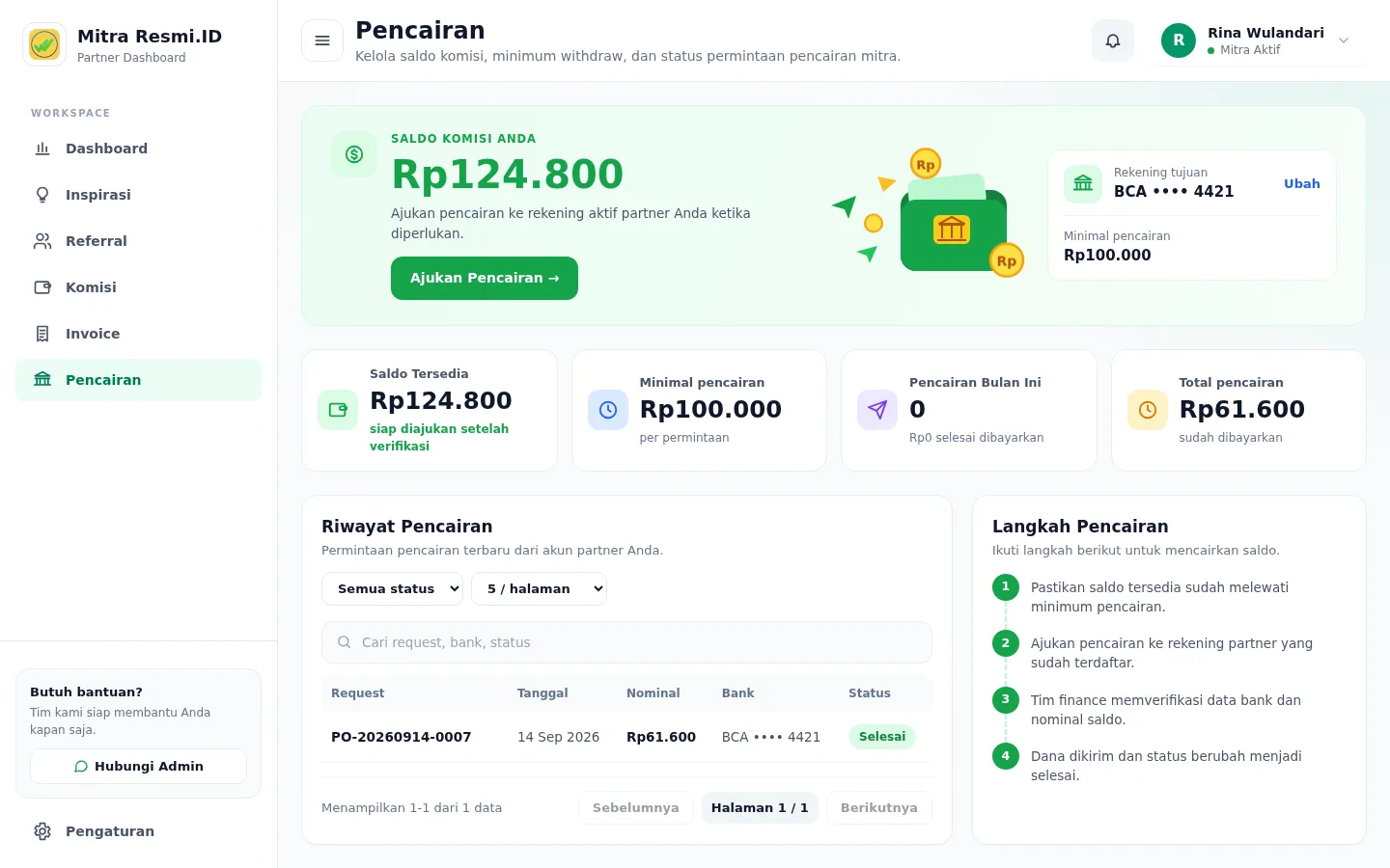 Tangkapan layar halaman Pencairan — Saldo & riwayat