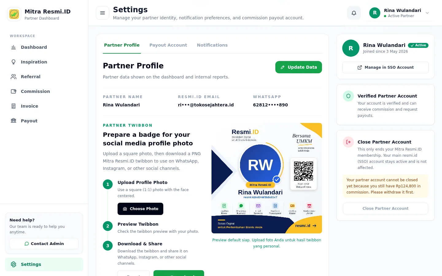 Screenshot of Settings: Partner Profile — Partner profile
