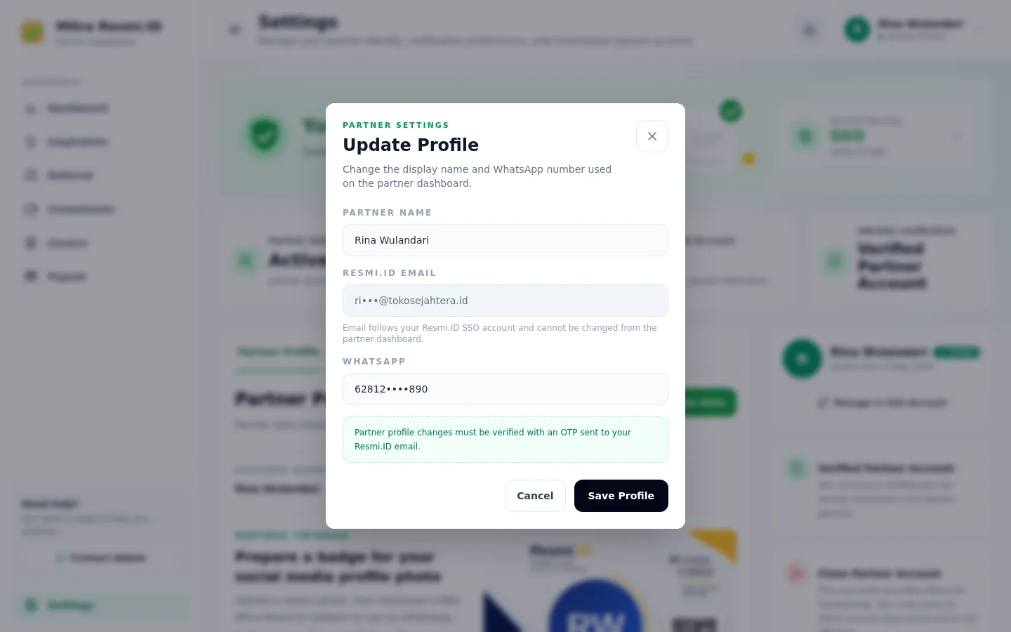 Screenshot of Settings: Partner Profile — Update profile