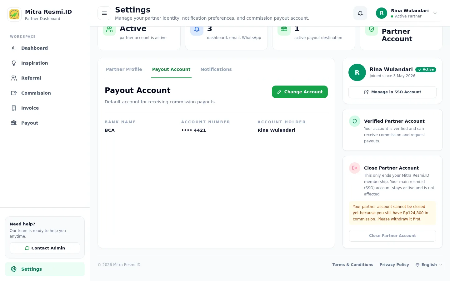 Screenshot of Settings: Payout Account — Payout account