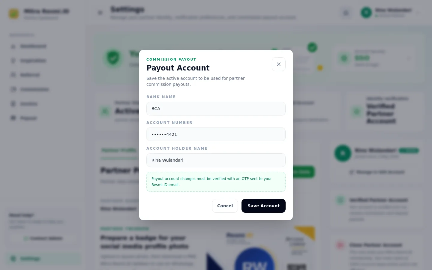 Screenshot of Settings: Payout Account — Change account