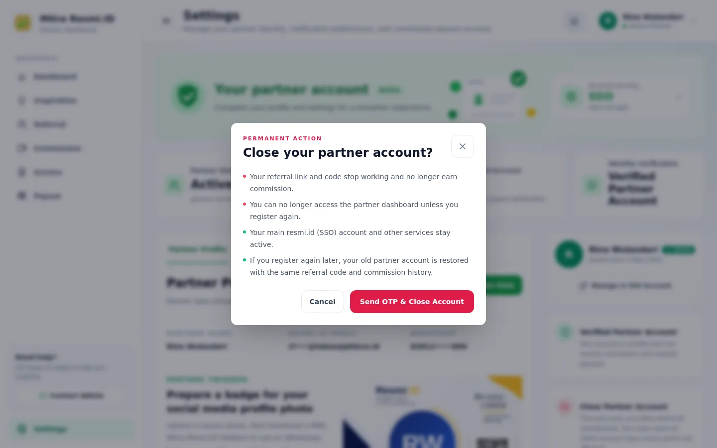 Screenshot of Closing Your Partner Account