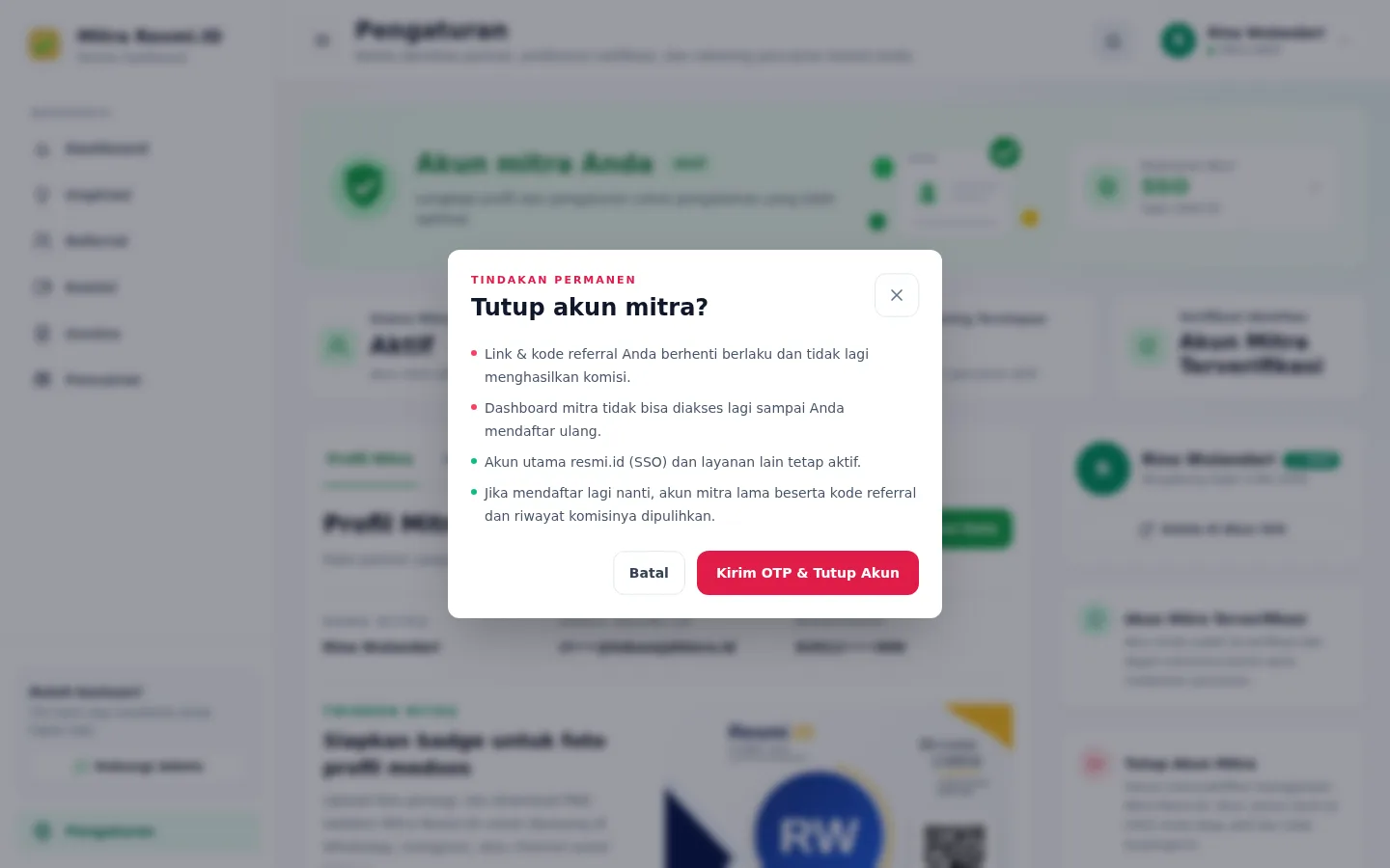 Tangkapan layar halaman Menutup Akun Mitra