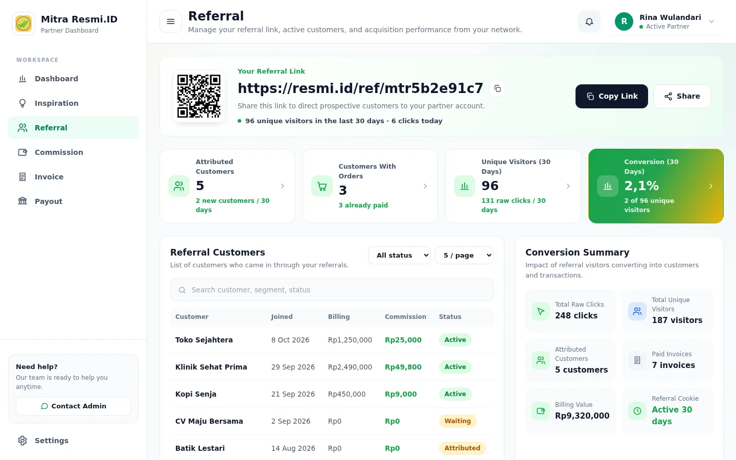 Screenshot of Referral — Link, stats & customers