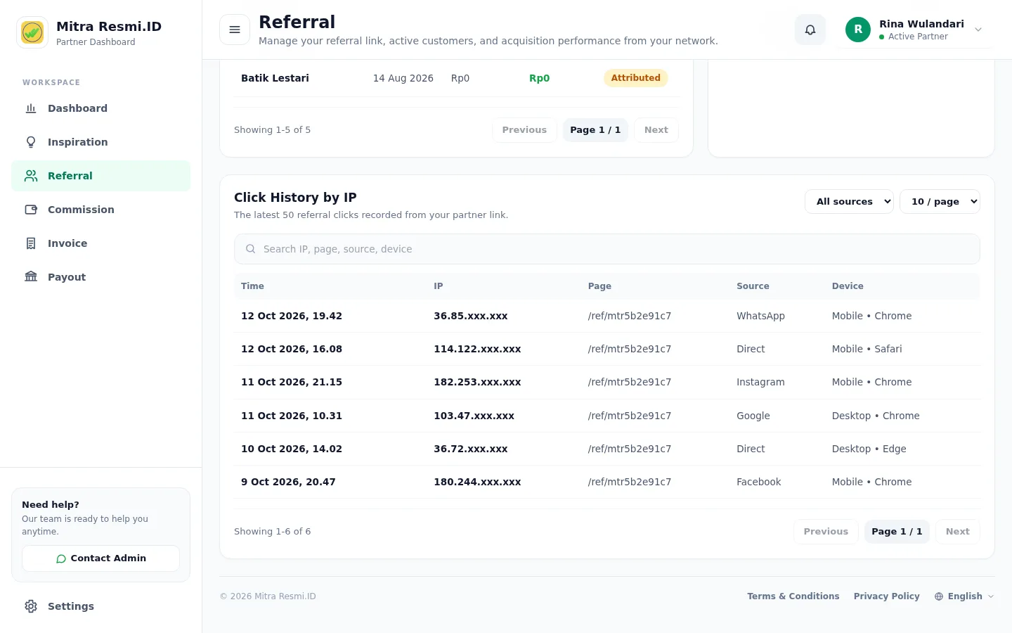 Screenshot of Referral — Click history