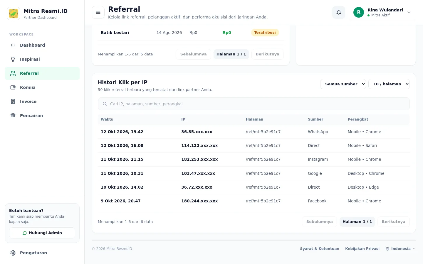 Tangkapan layar halaman Referral — Riwayat klik