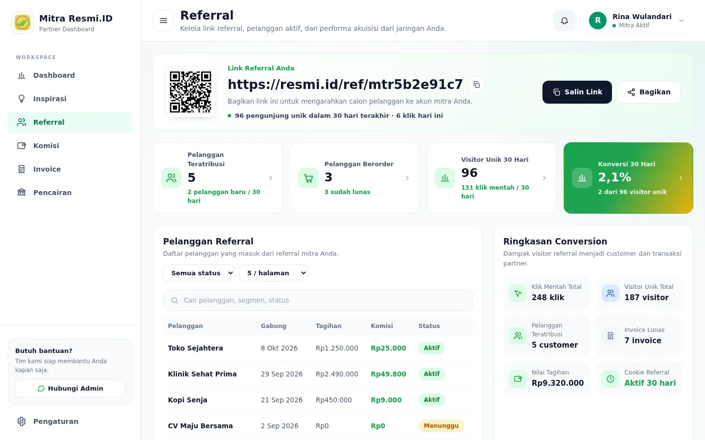 Tangkapan layar halaman Referral — Link, statistik & pelanggan